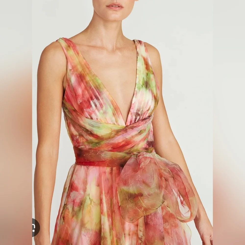 NWT Theia Faye Painterly Bow Organza Lightweight Chiffon Flowy A-line Gown 4‎ - Picture 6 of 15